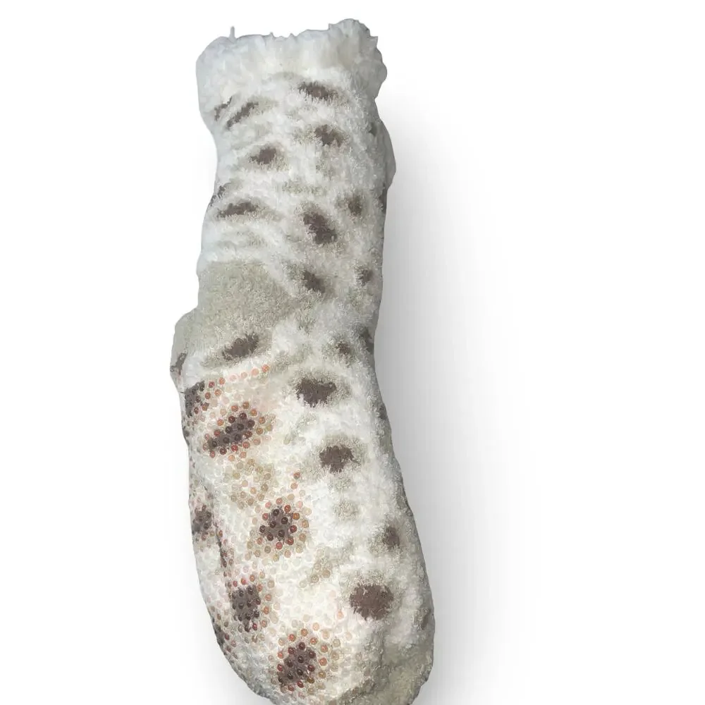 Cuddl Duds Sherpa Lined Lounge Socks Cream Brown Leopard Spot Slipper 4-10